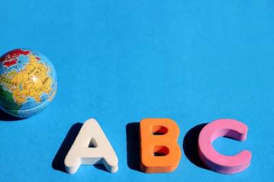globe and ABC letters on the blue background globe and ABC letters