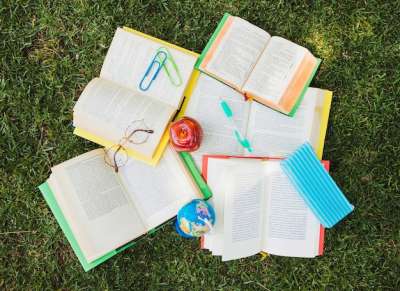 opened books laying on the ground flatlay books