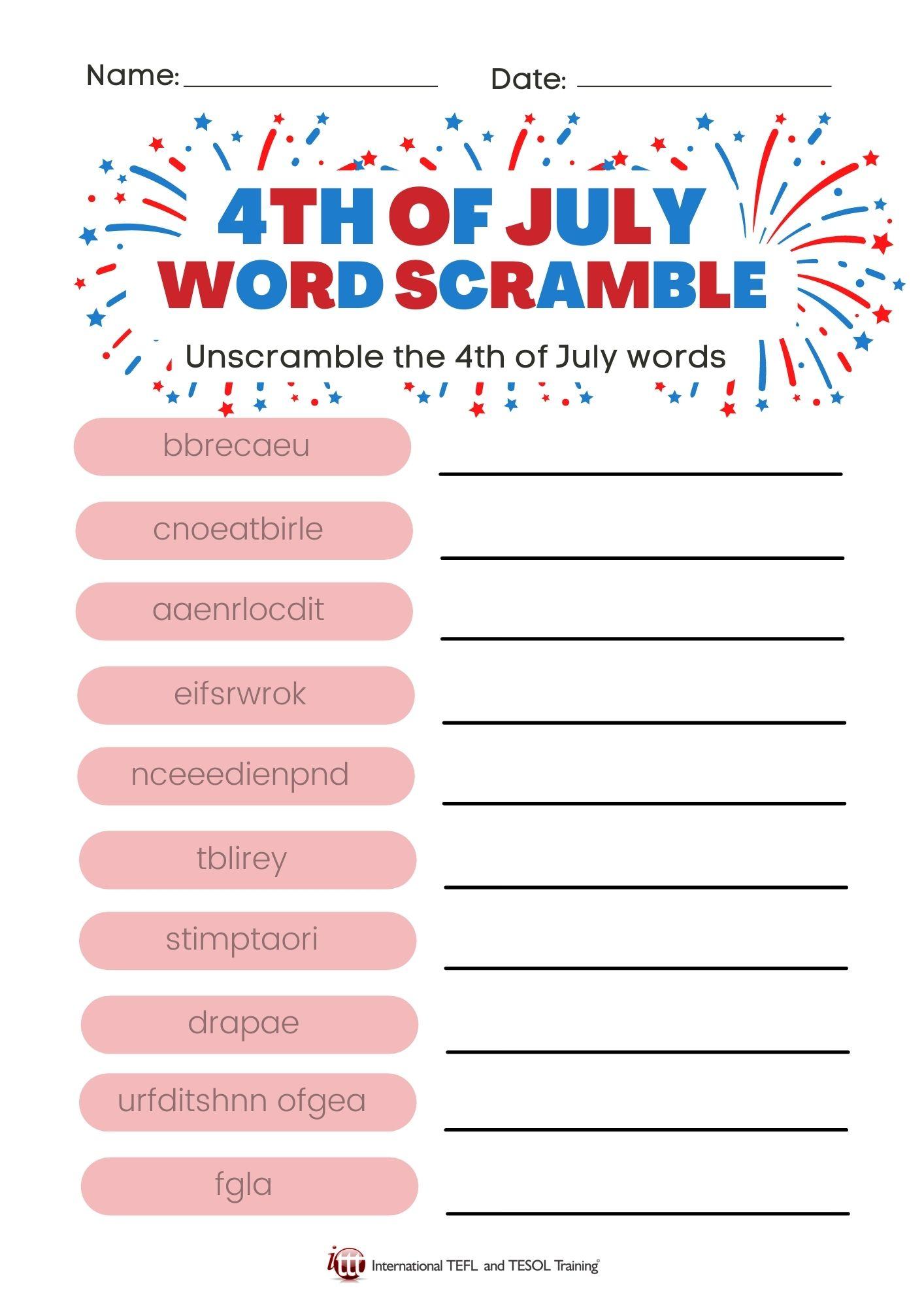Grammar Corner 4th of July Word Scramble