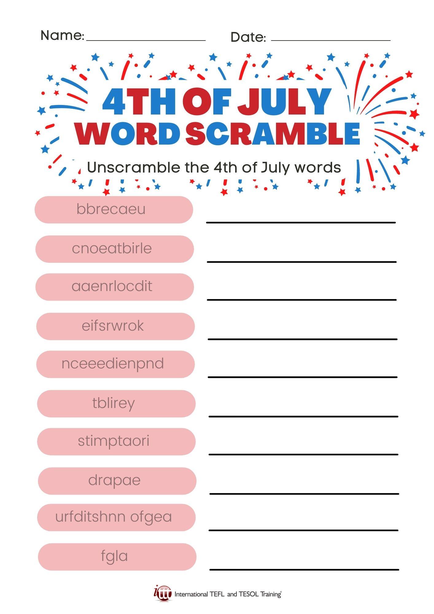 Grammar corner 4th of July Word Scramble Grammar Corner 4th of July Word Scramble