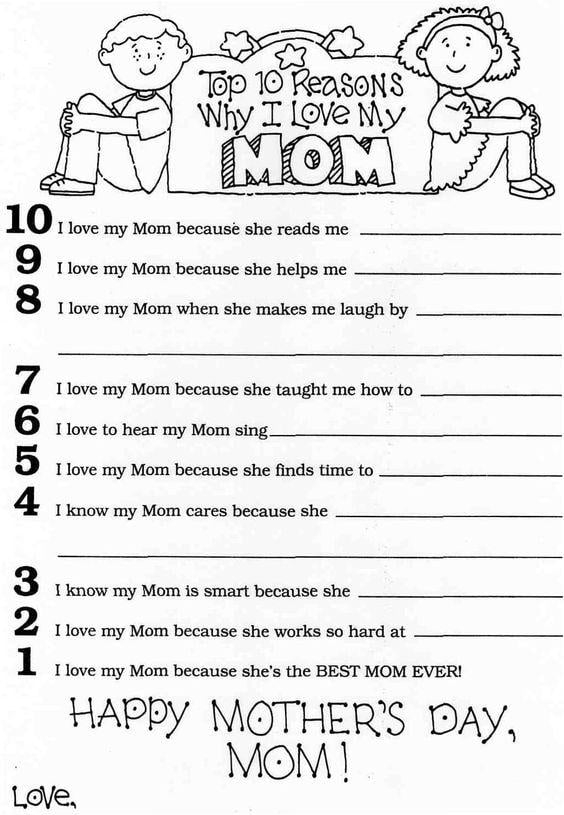 Grammar Corner Top 10 Reasons I Love My Mom - Mother's Day Worksheet