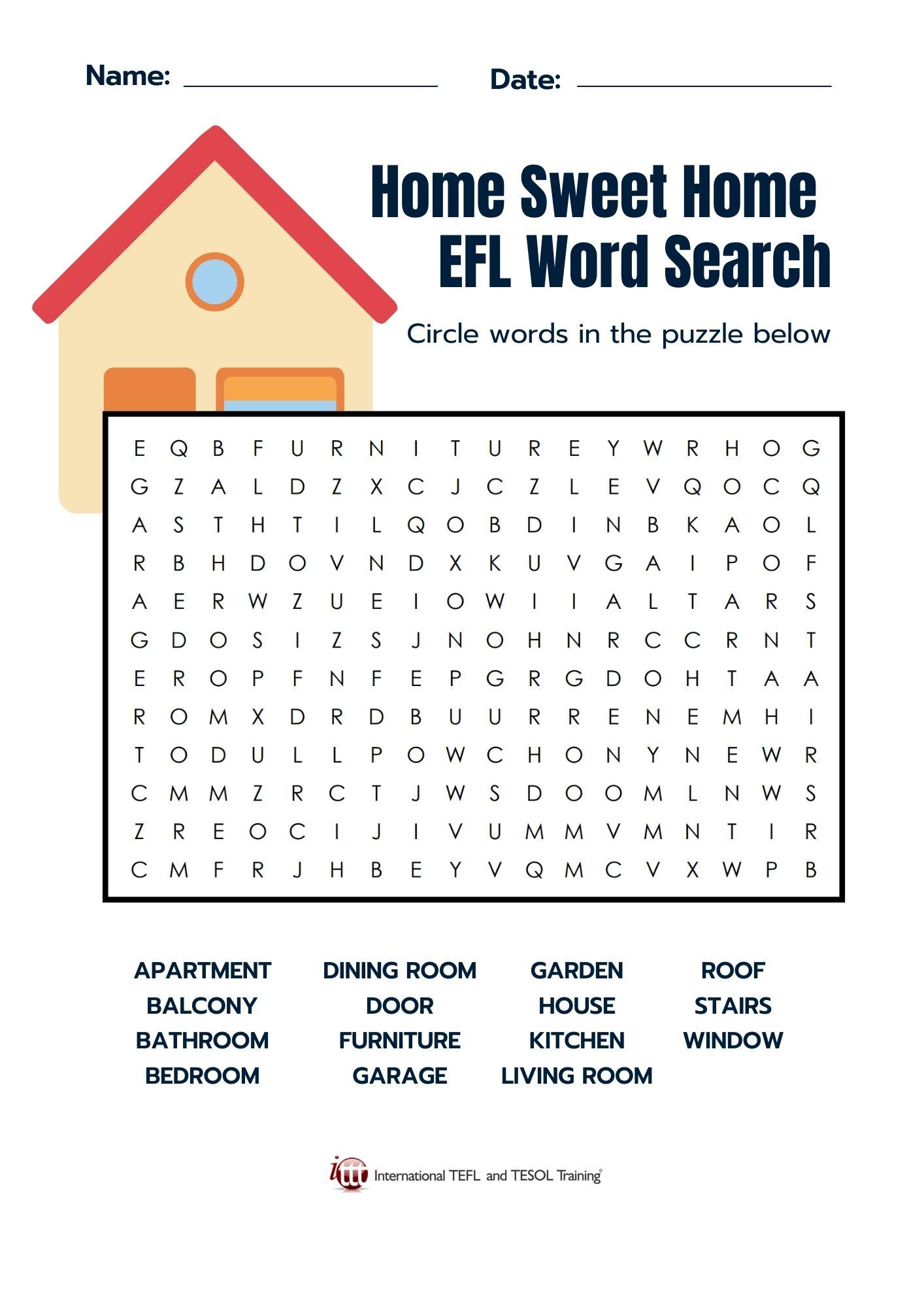 Grammar Corner Printable ESL Home Word Search