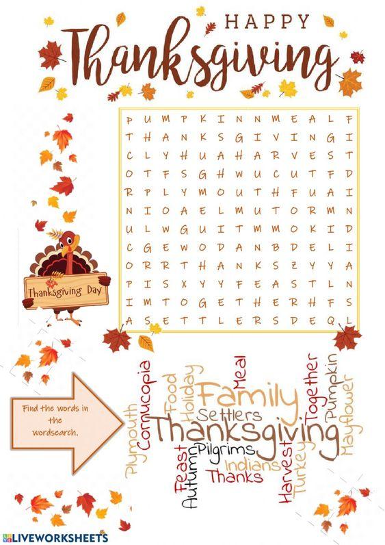 Grammar Corner Happy Thanksgiving Word Search Worksheet