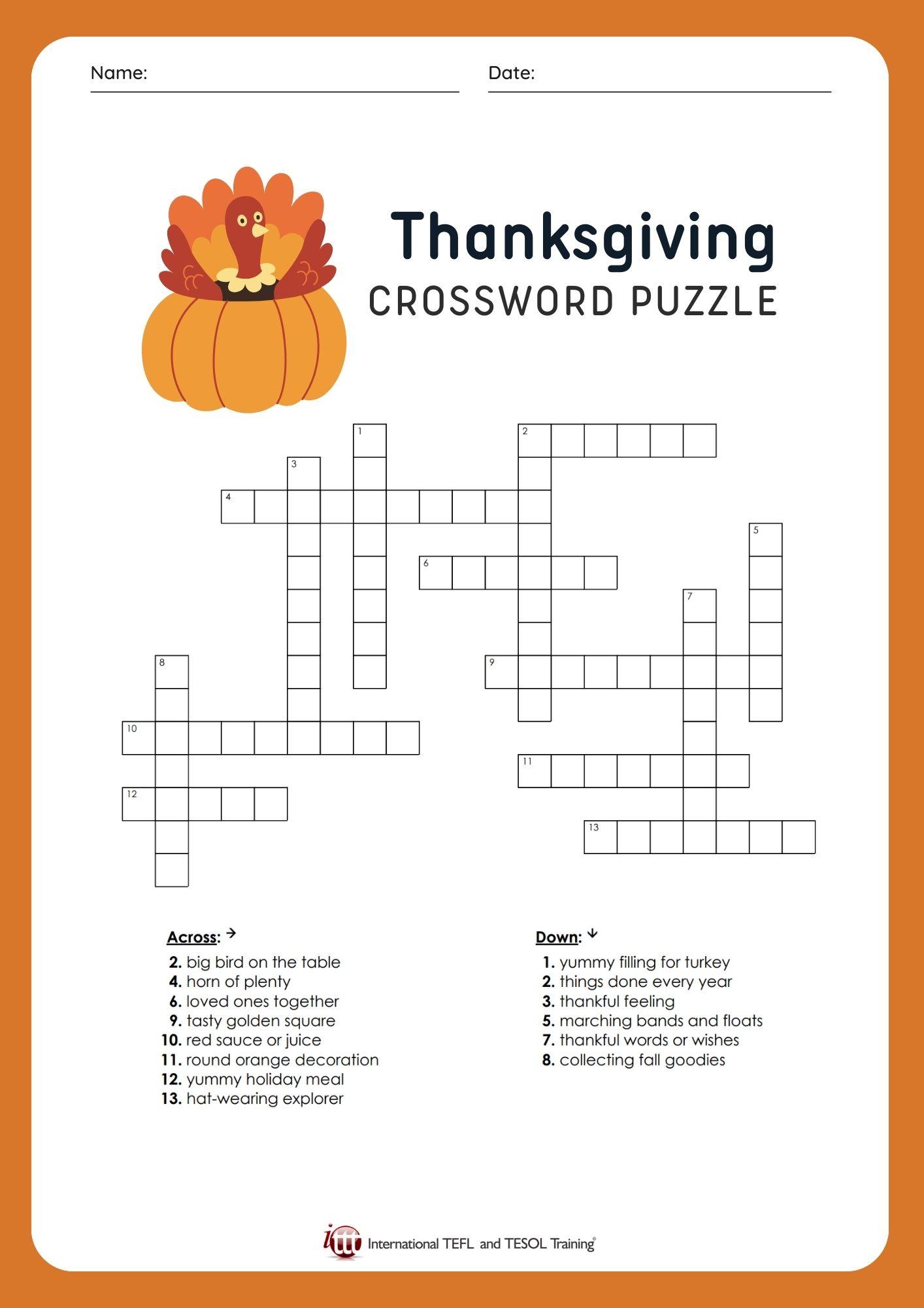 Grammar Corner EFL Thanksgiving Vocabulary Crossword Puzzle