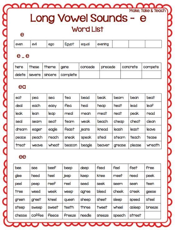 Grammar Corner Long Vowel Sounds  -e  Word List