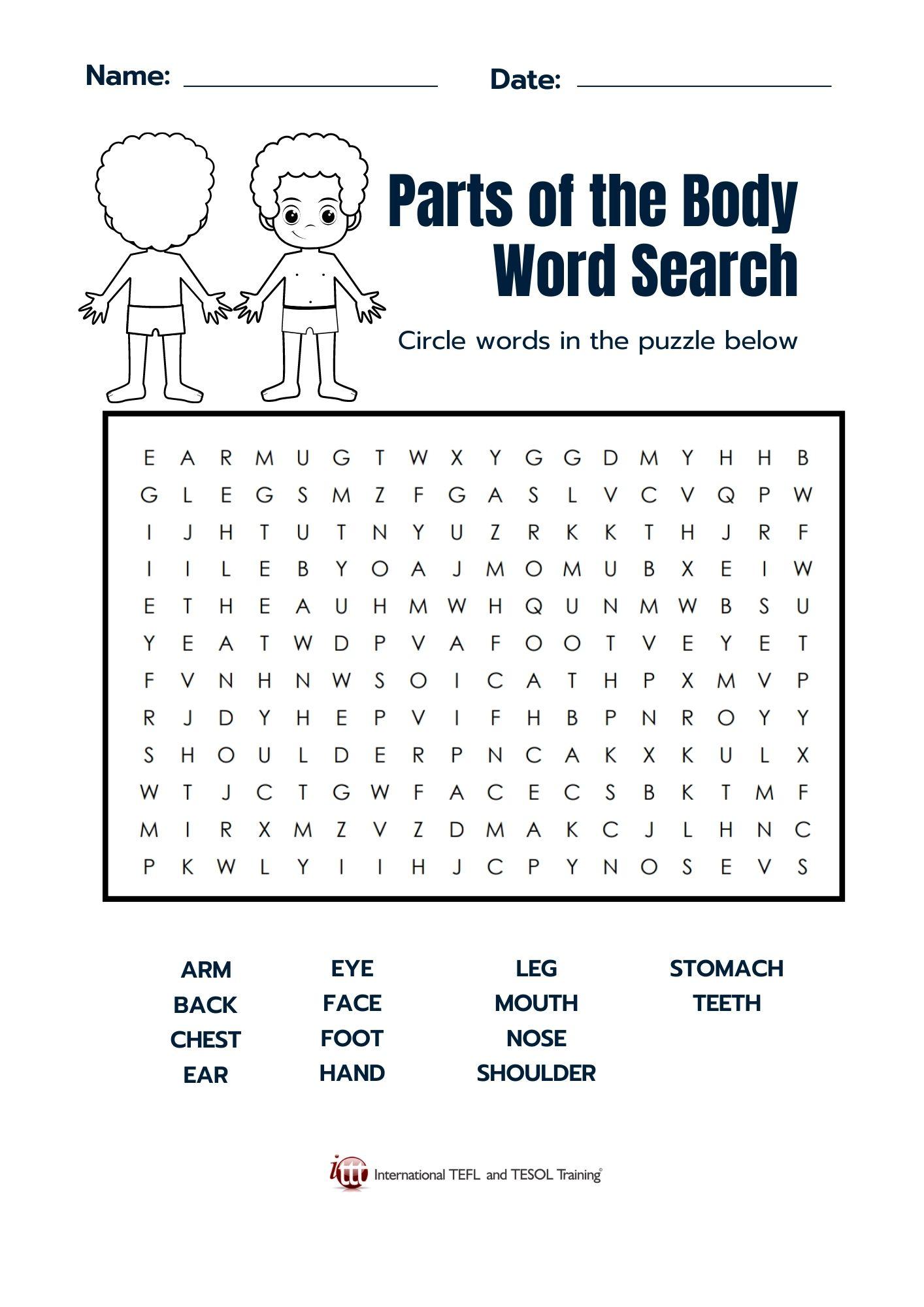 Grammar Corner Parts of the Body EFL Word Search