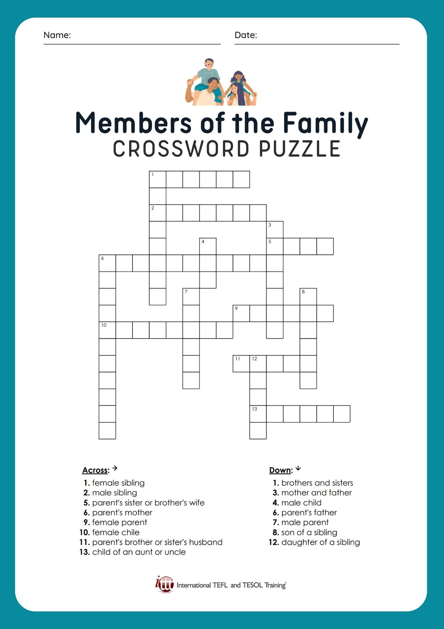 Grammar Corner EFL Members of the Family Crossword Puzzle