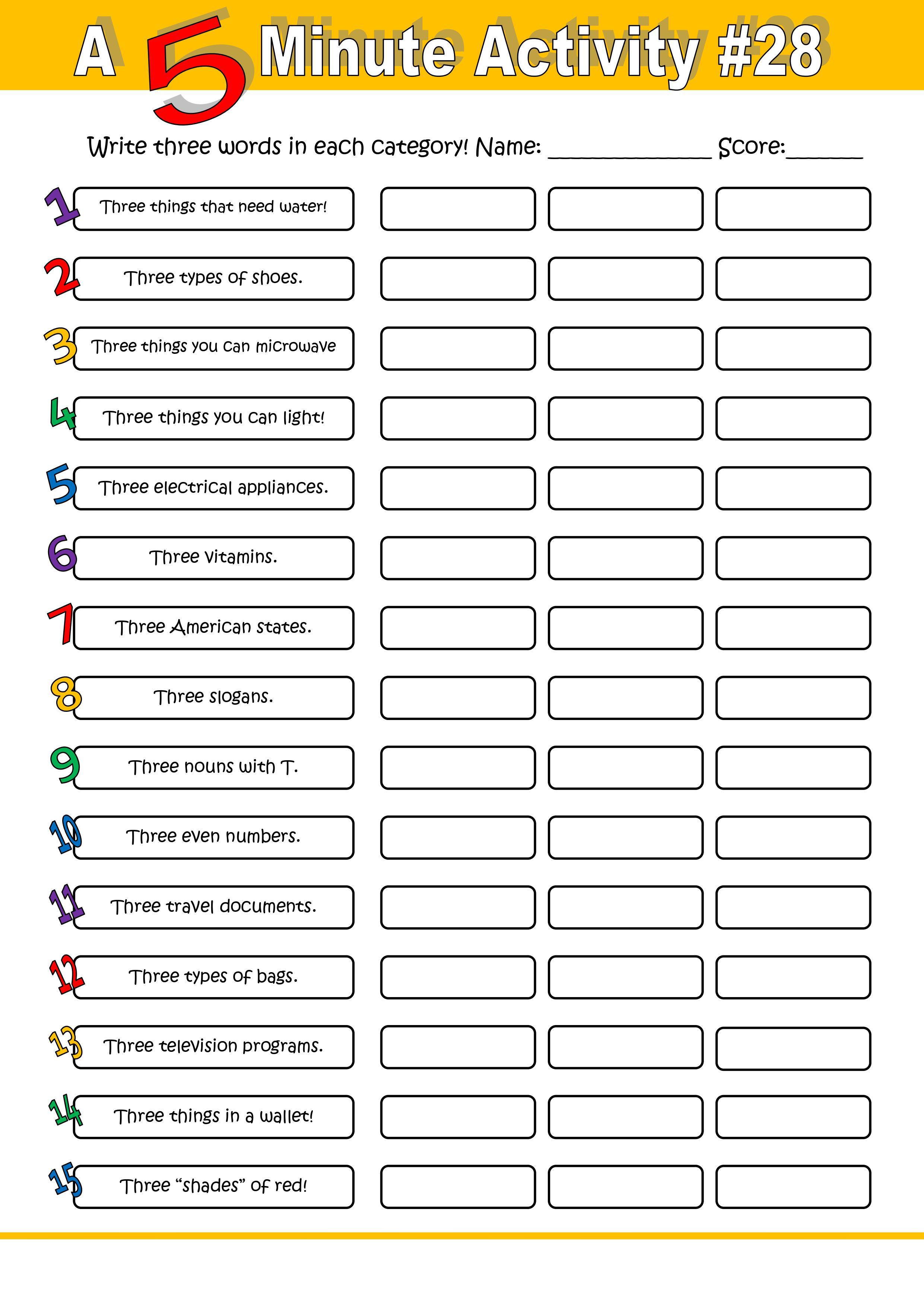 Grammar Corner 5 Minute Activity: 3 Words per Category