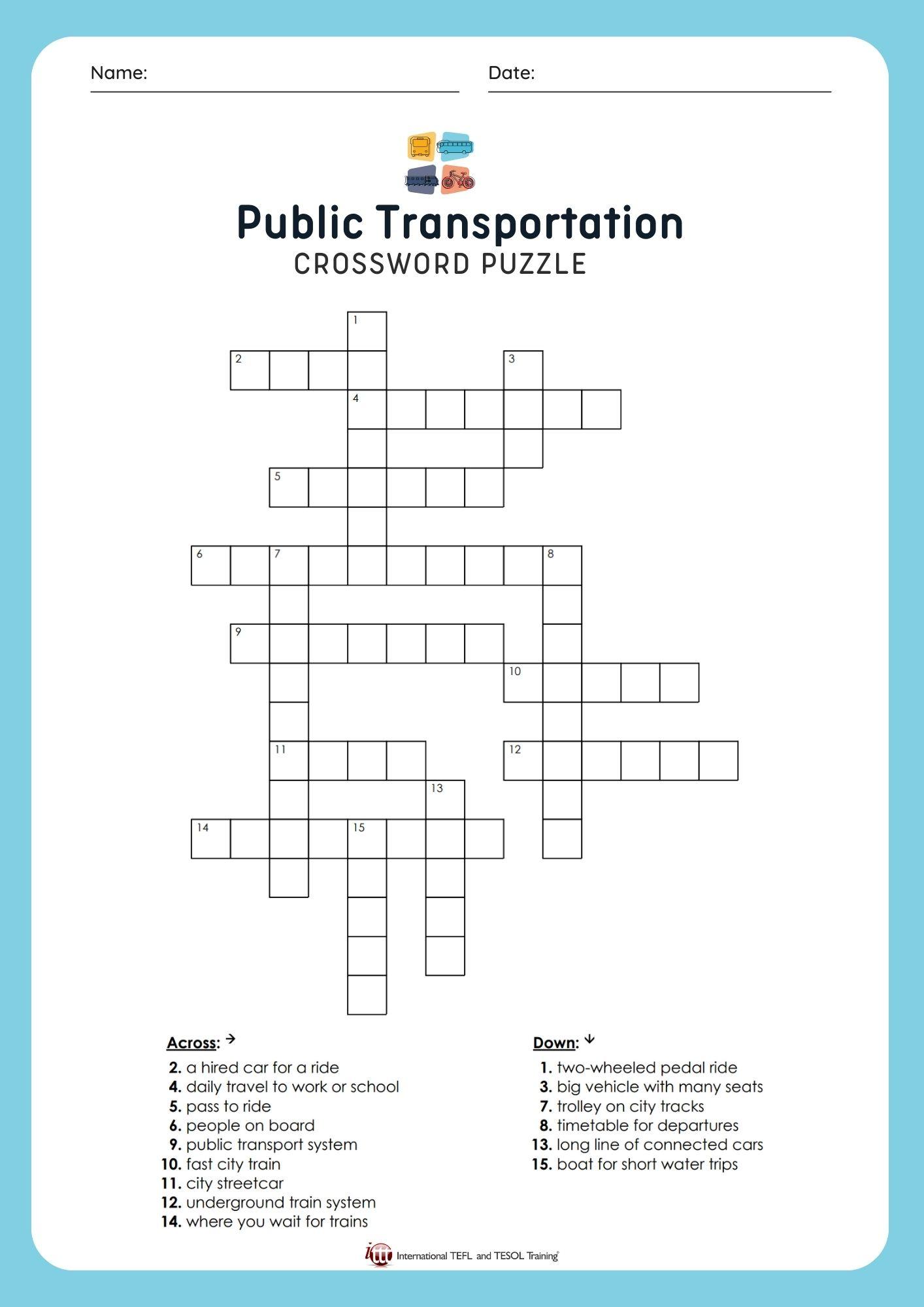 Grammar Corner EFL Public Transportation Vocabulary Crossword Puzzle