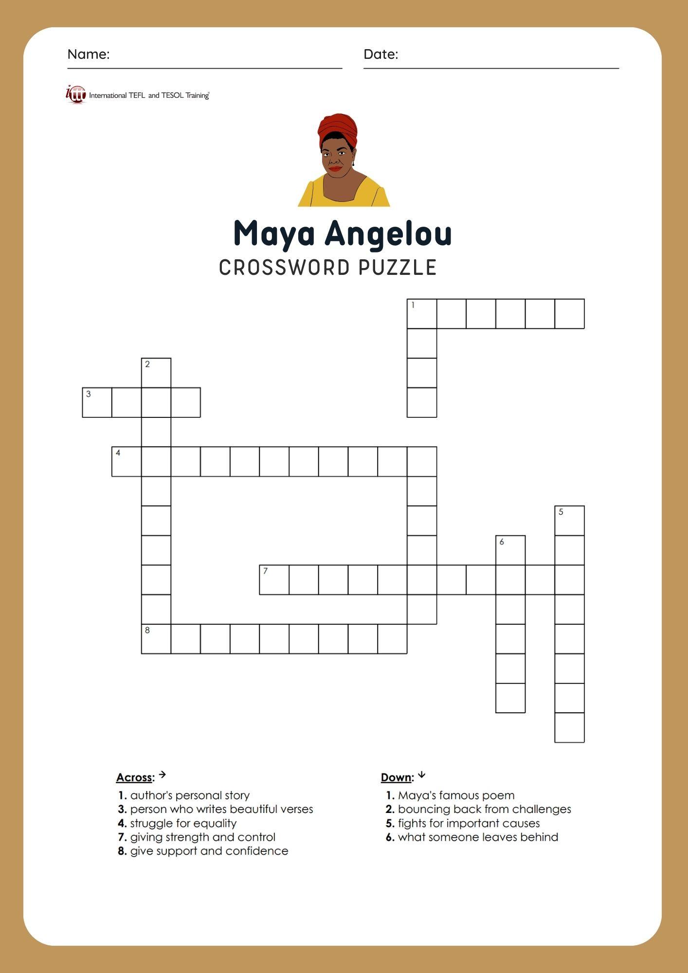 Grammar Corner EFL Maya Angelou Vocabulary Crossword Puzzle