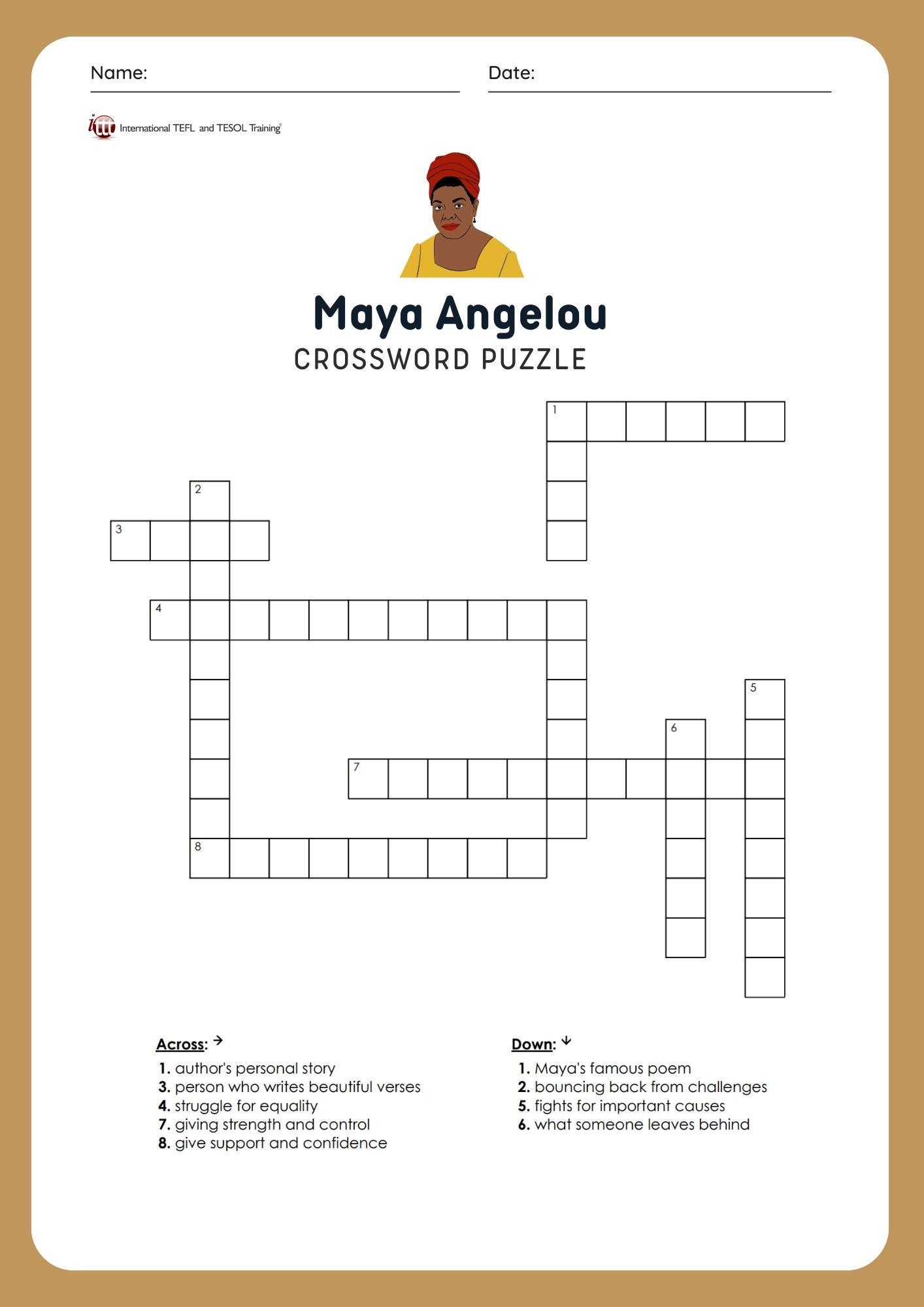 Grammar corner EFL Maya Angelou Vocabulary Crossword Puzzle Grammar Corner EFL Maya Angelou Vocabulary Crossword Puzzle