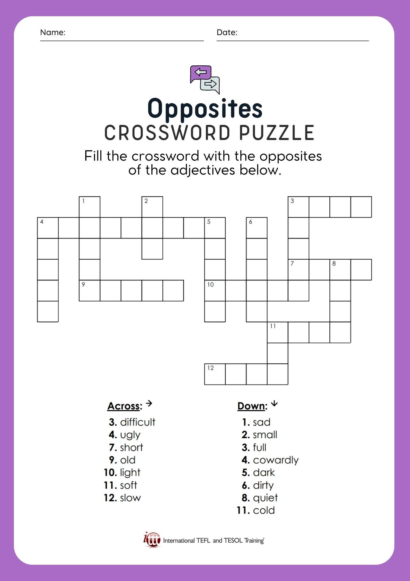 Grammar Corner EFL Opposites Crossword Puzzle