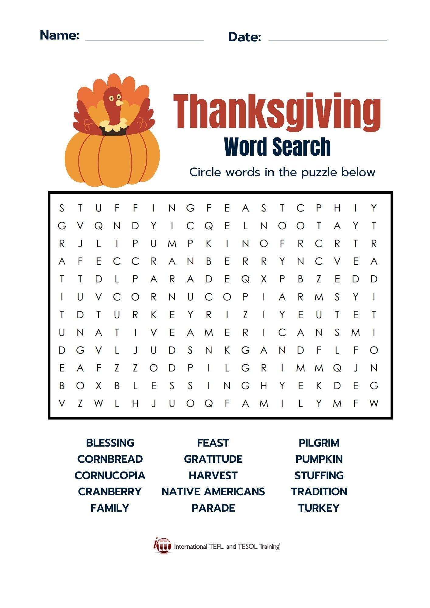 Grammar Corner Thanksgiving Vocabulary EFL Word Search