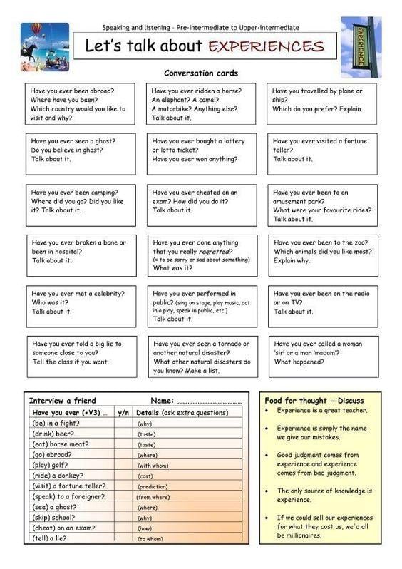 Grammar Corner Conversation Cards about Experiences