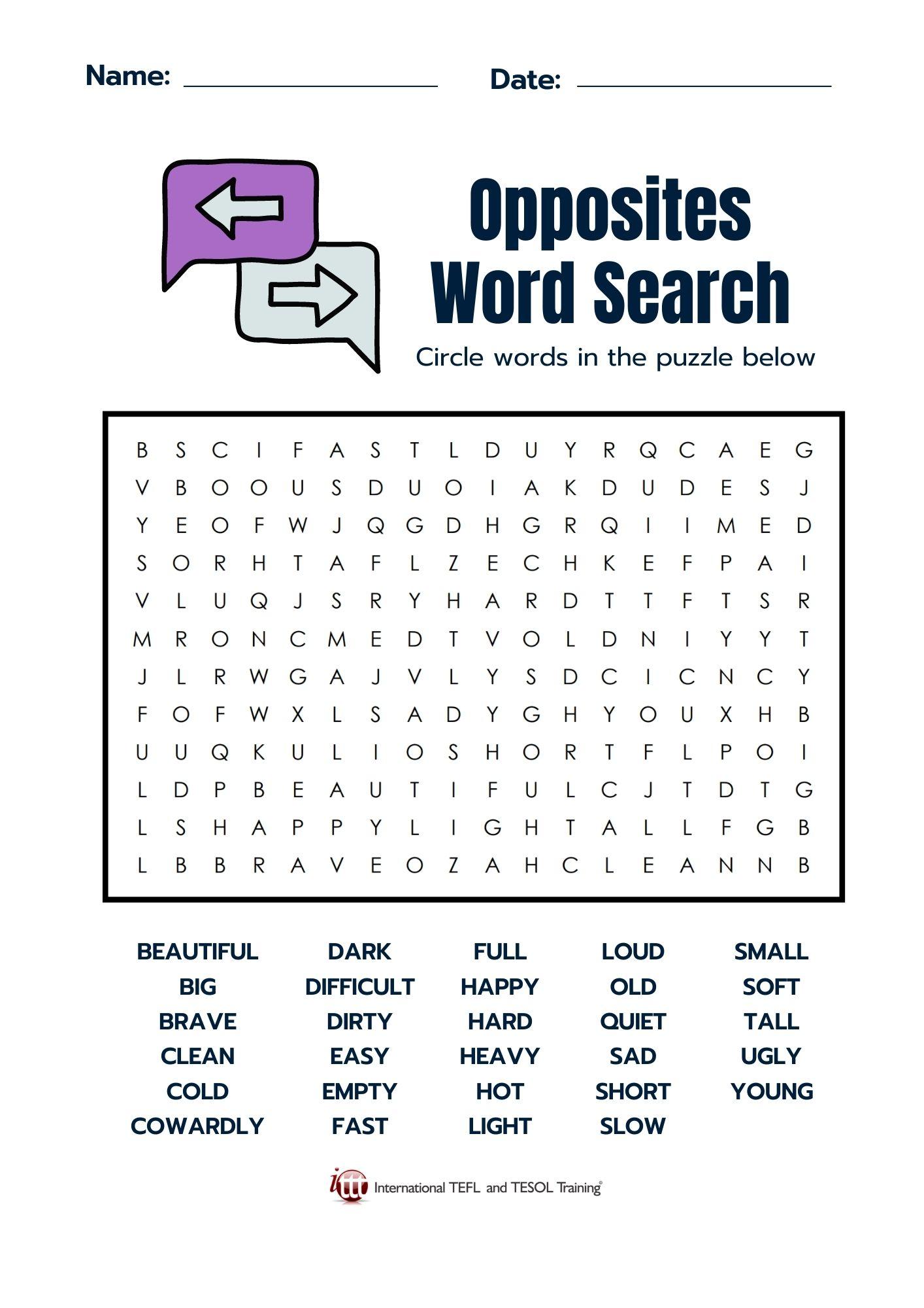 Grammar Corner Opposites EFL Word Search