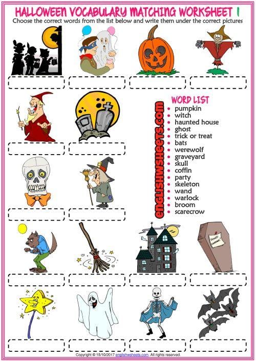 Grammar Corner Halloween ESL Vocabulary Matching Exercise Worksheet