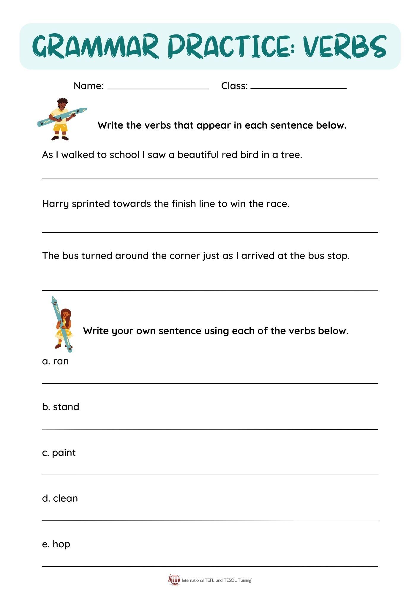 Grammar Corner Recognizing Verbs EFL Worksheet