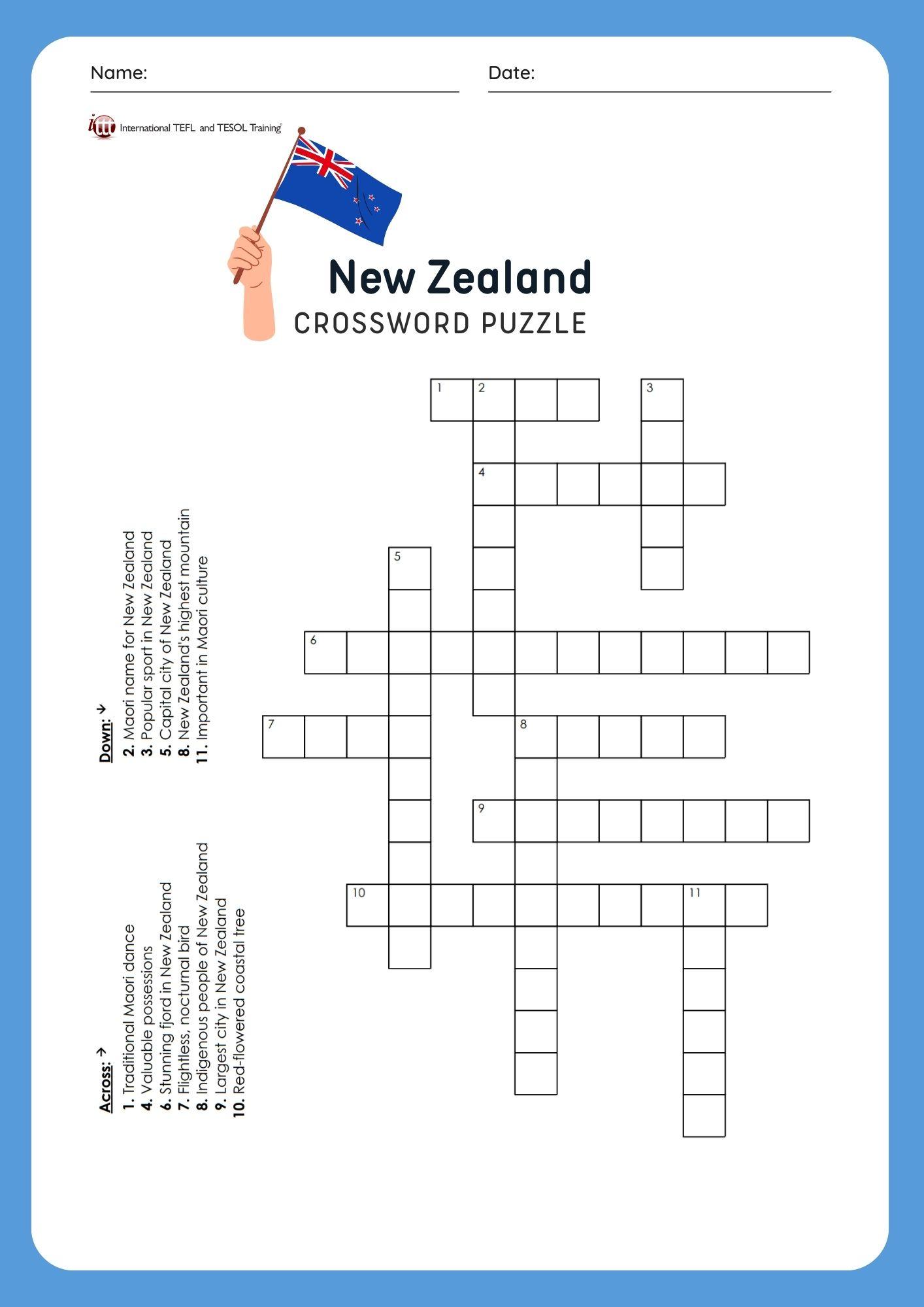 Grammar Corner EFL New Zealand Vocabulary Crossword Puzzle