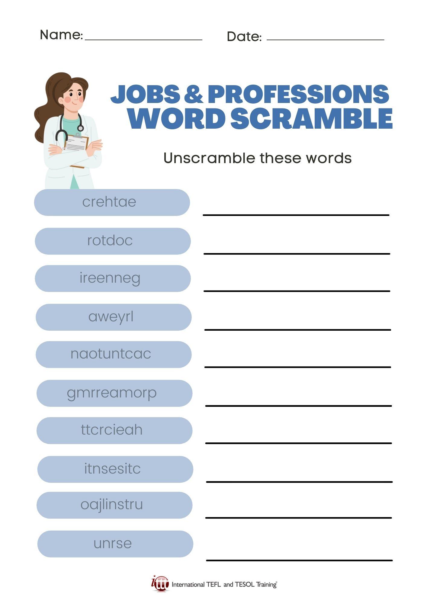 Grammar Corner Jobs and Professions EFL Word Scramble