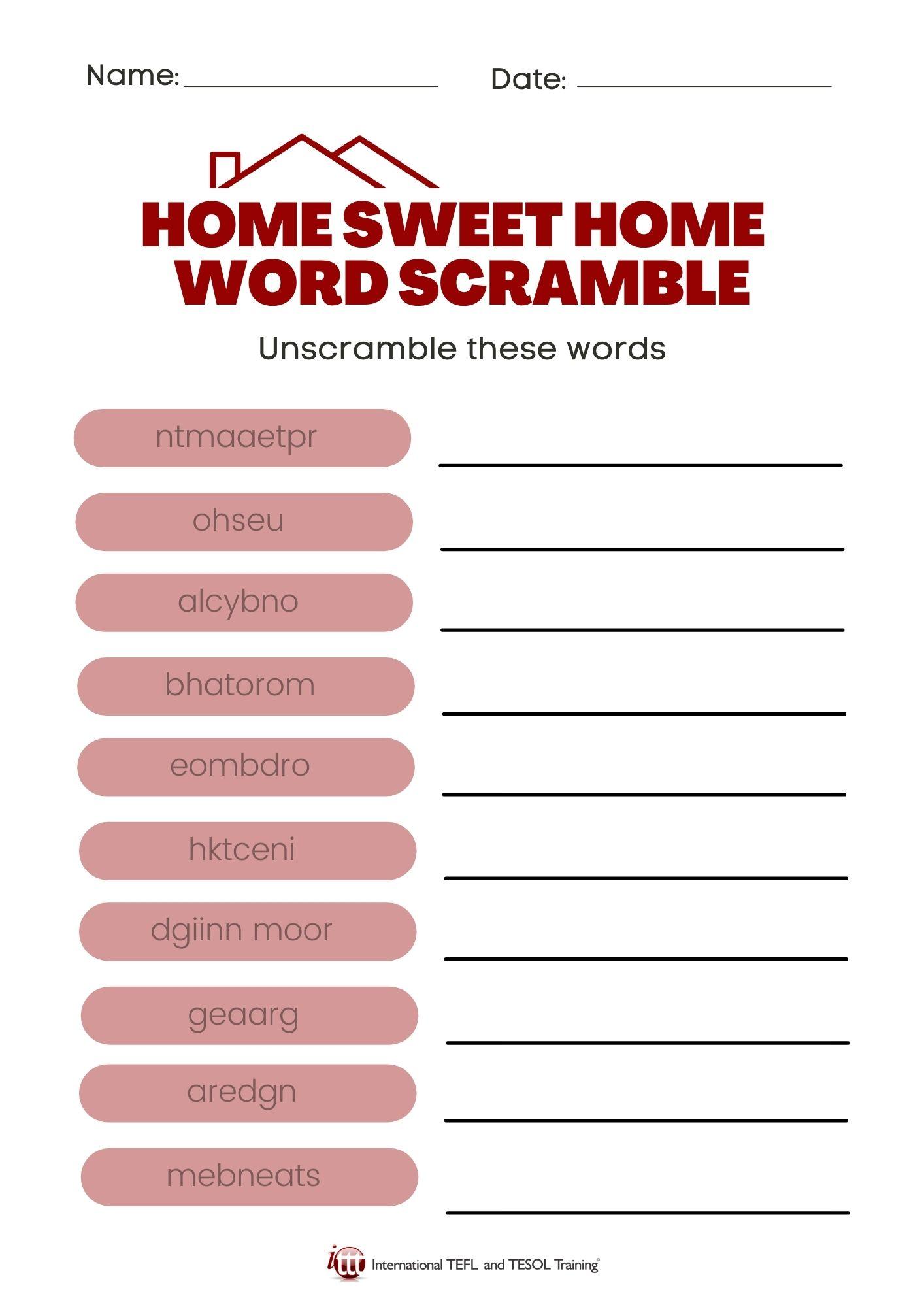 Grammar Corner Home Sweet Home EFL Word Scramble