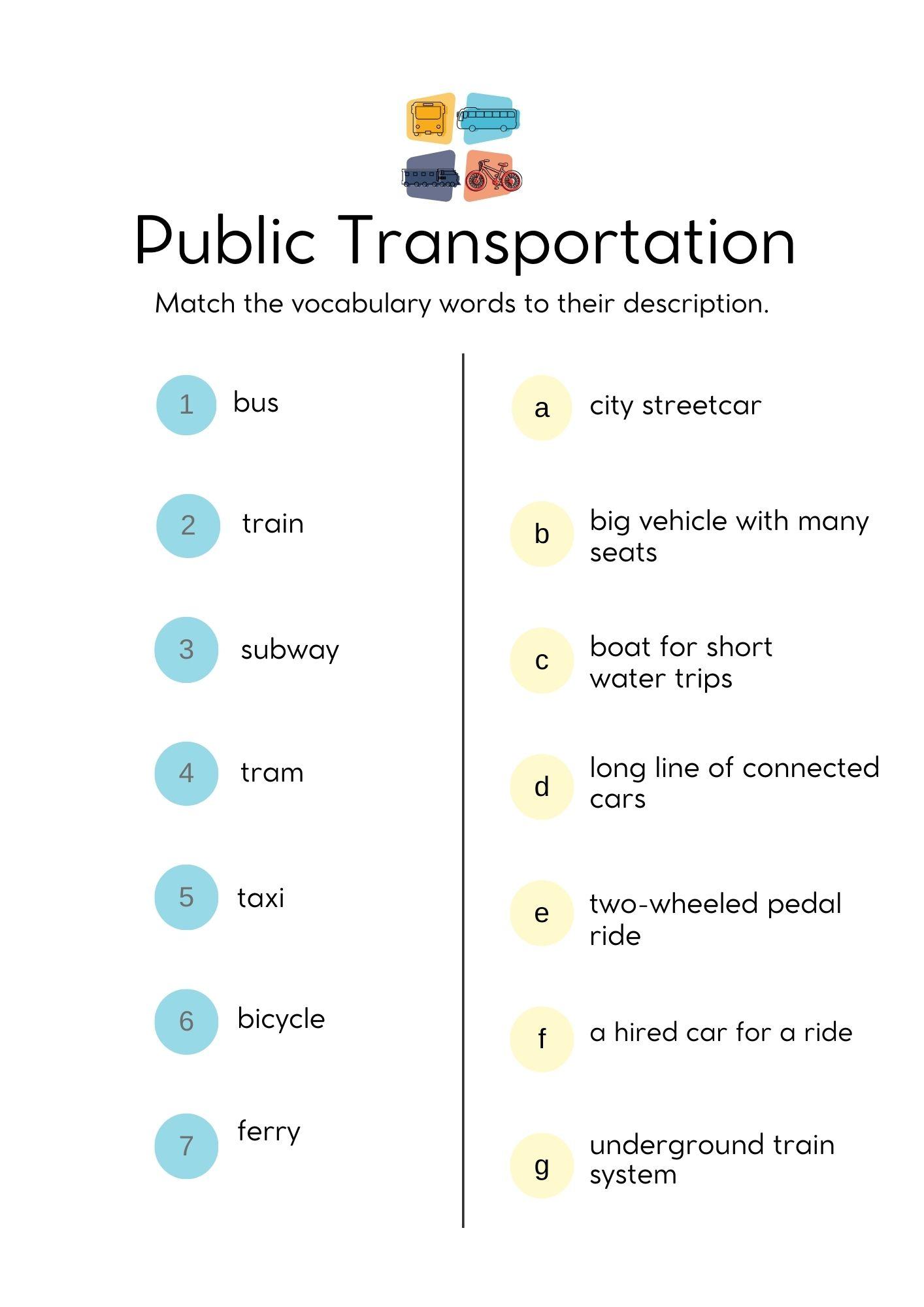 Grammar Corner EFL Public Transportation Word Match