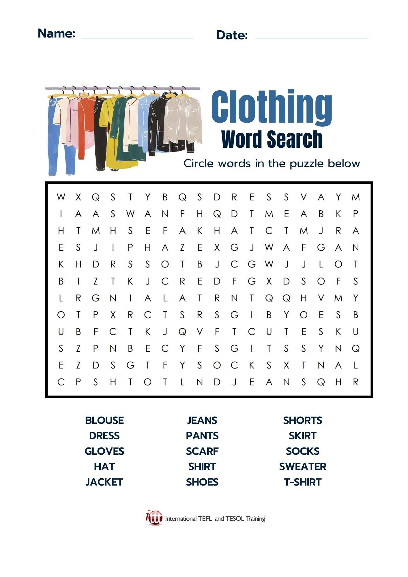 Grammar Corner Clothing Items EFL Word Search