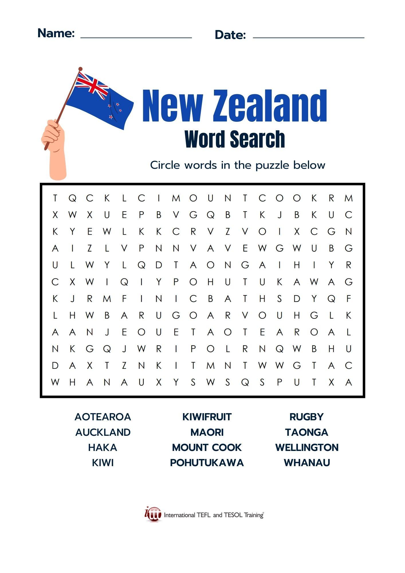 Grammar Corner New Zealand Vocabulary EFL Word Search