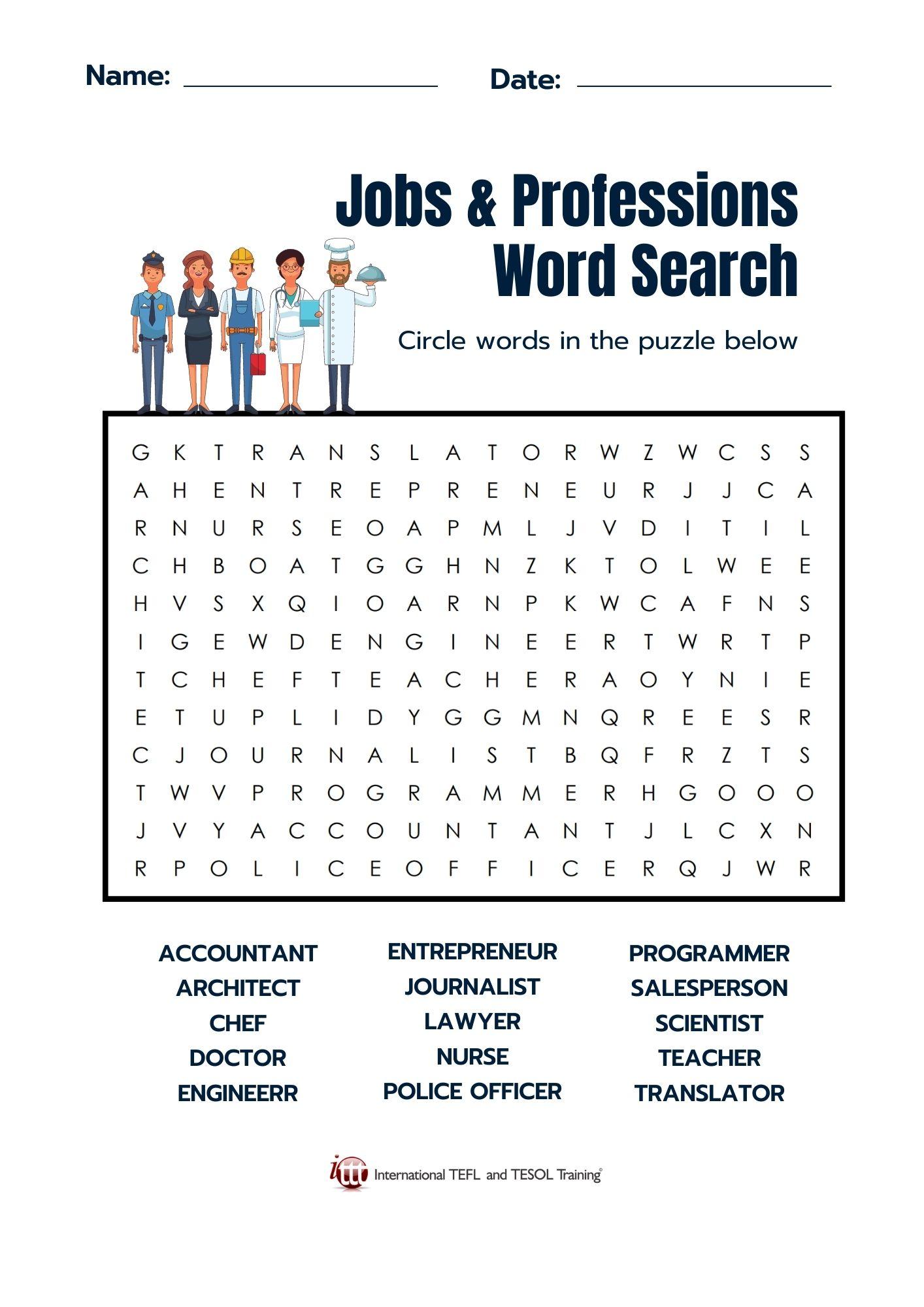 Grammar Corner Jobs and Professions EFL Word Search