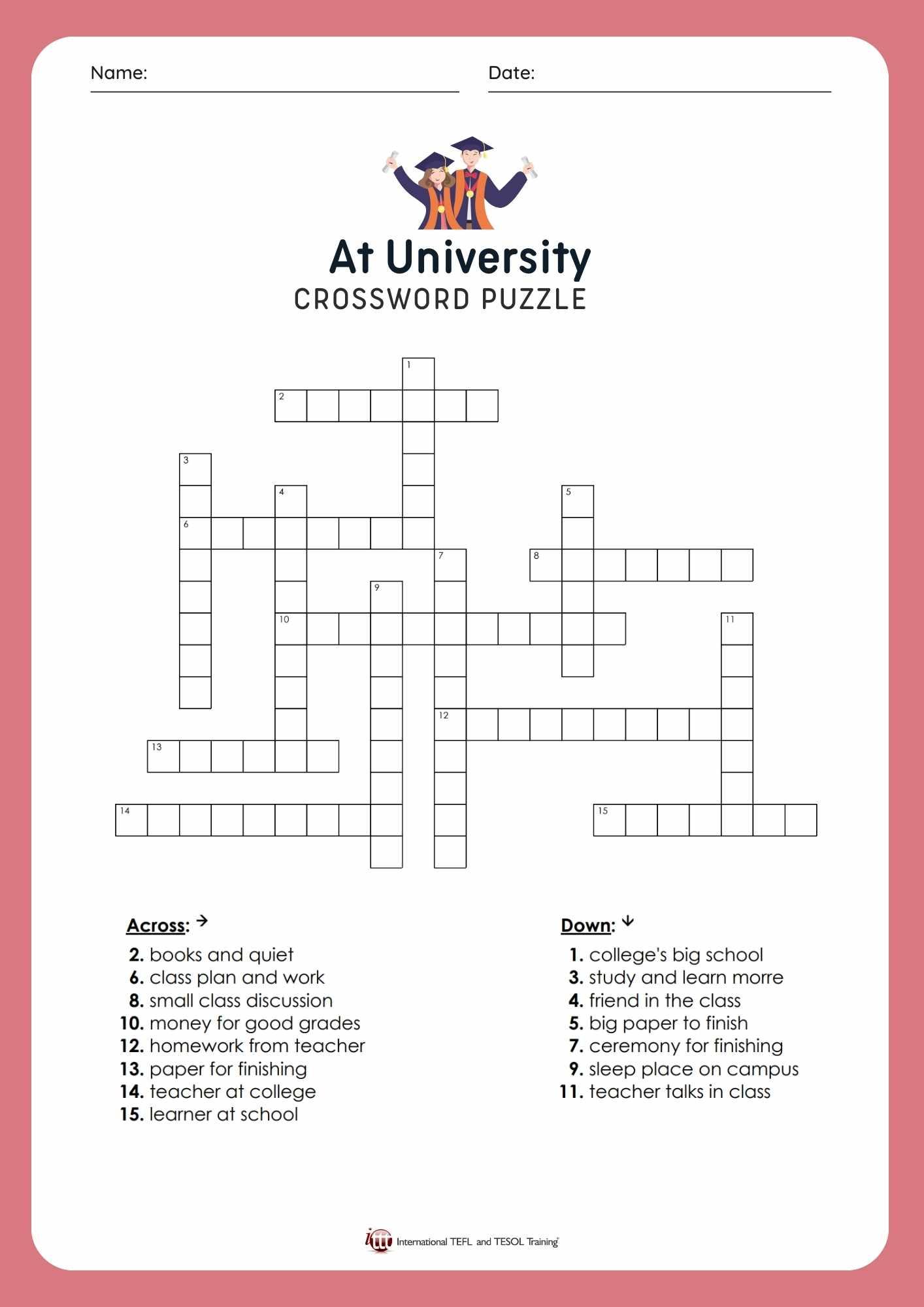 Grammar Corner EFL University Vocabulary Crossword Puzzle