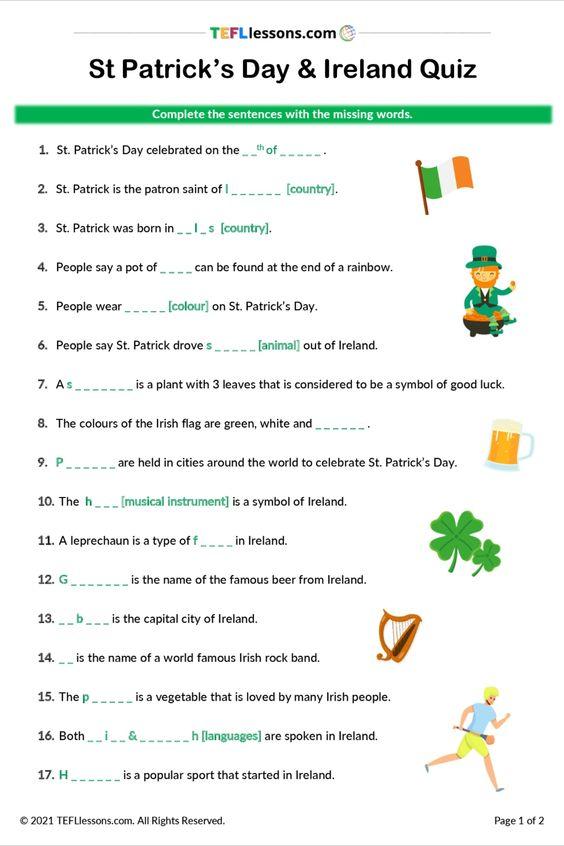 Grammar Corner St. Patrick's Day Quiz ESL Worksheet