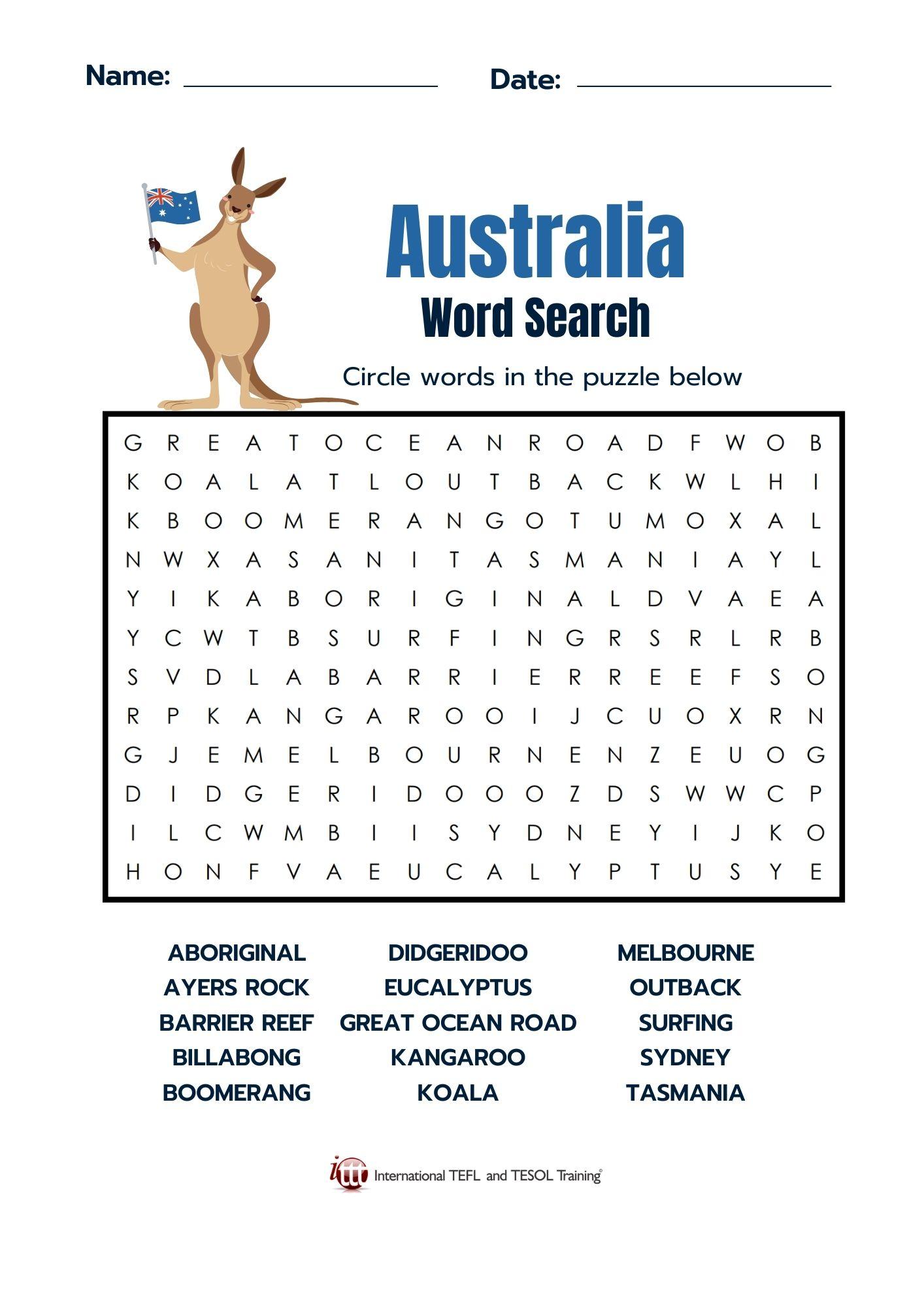 Grammar Corner Australia Vocabulary EFL Word Search