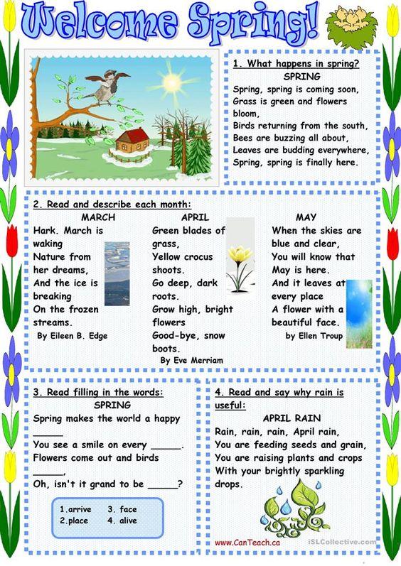 Grammar Corner Welcome Spring Reading Worksheet