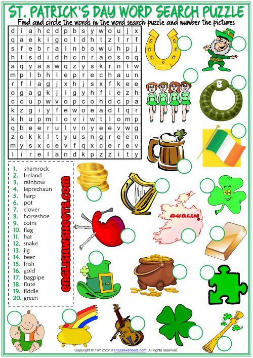 Grammar Corner St. Patrick's Day ESL Word Search Puzzle Worksheet