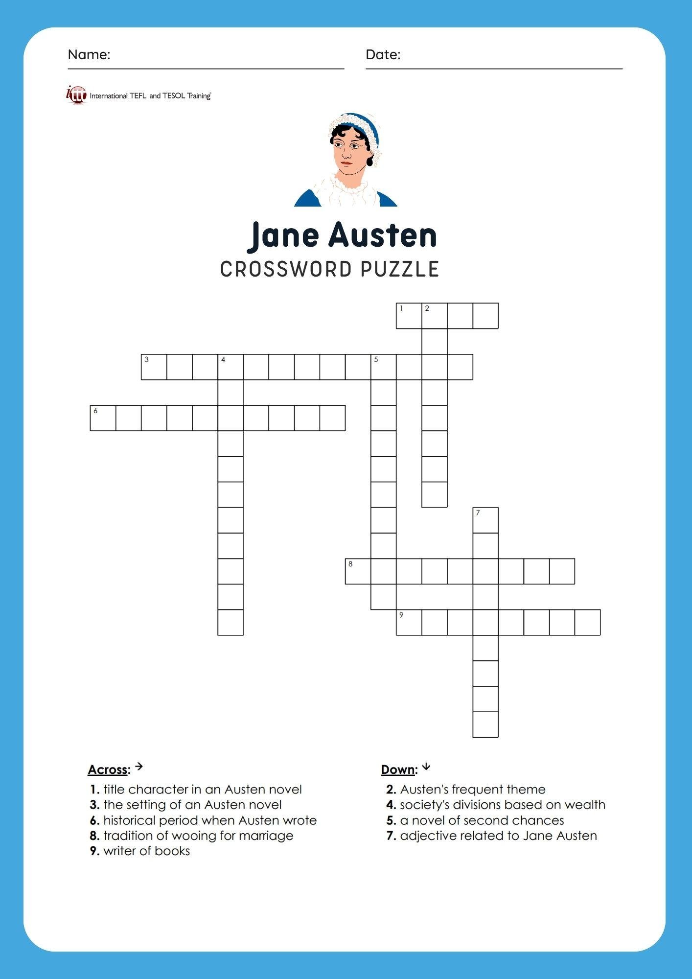 Grammar Corner EFL Jane Austen Vocabulary Crossword Puzzle