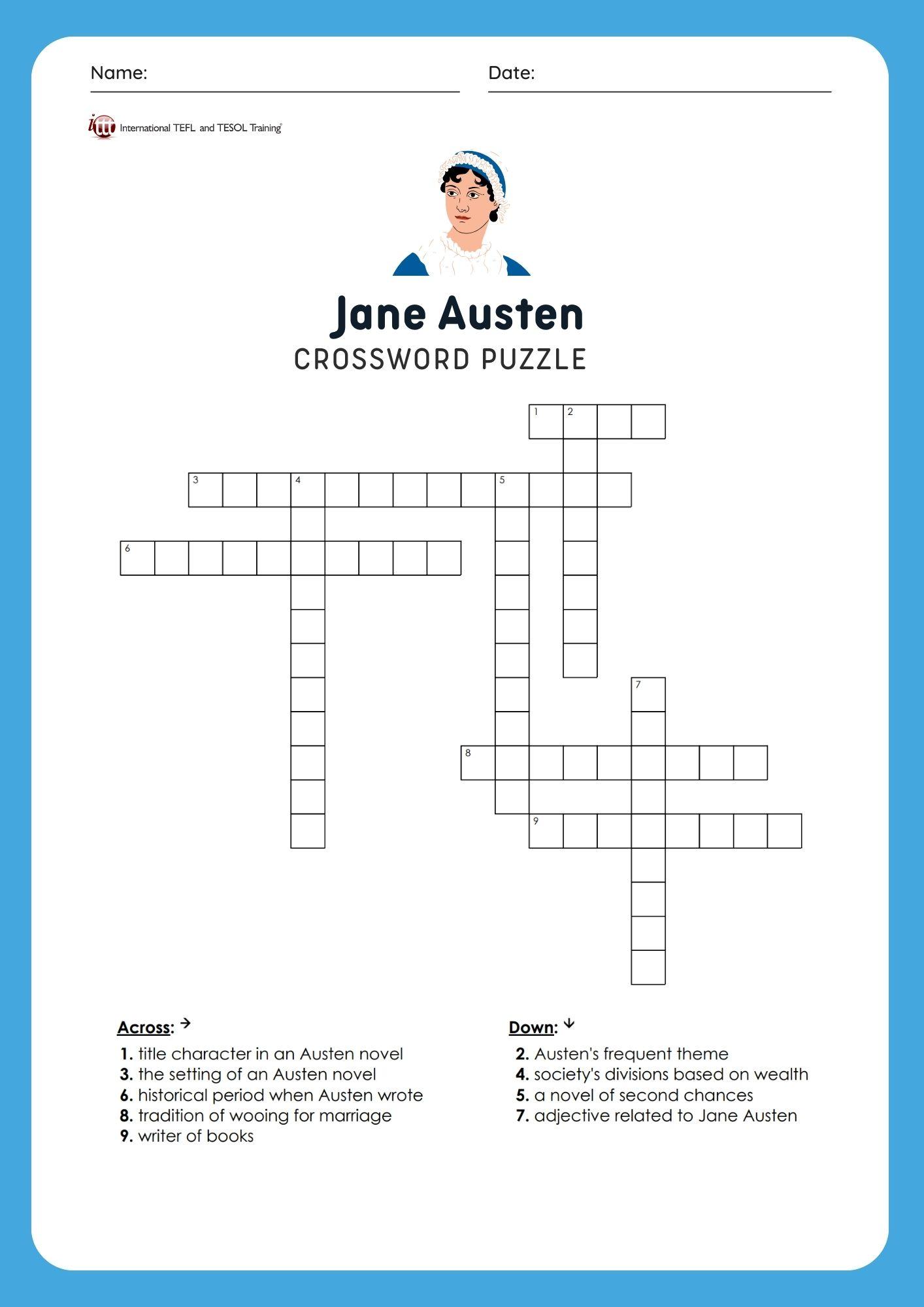 Grammar Corner EFL Jane Austen Vocabulary Crossword Puzzle