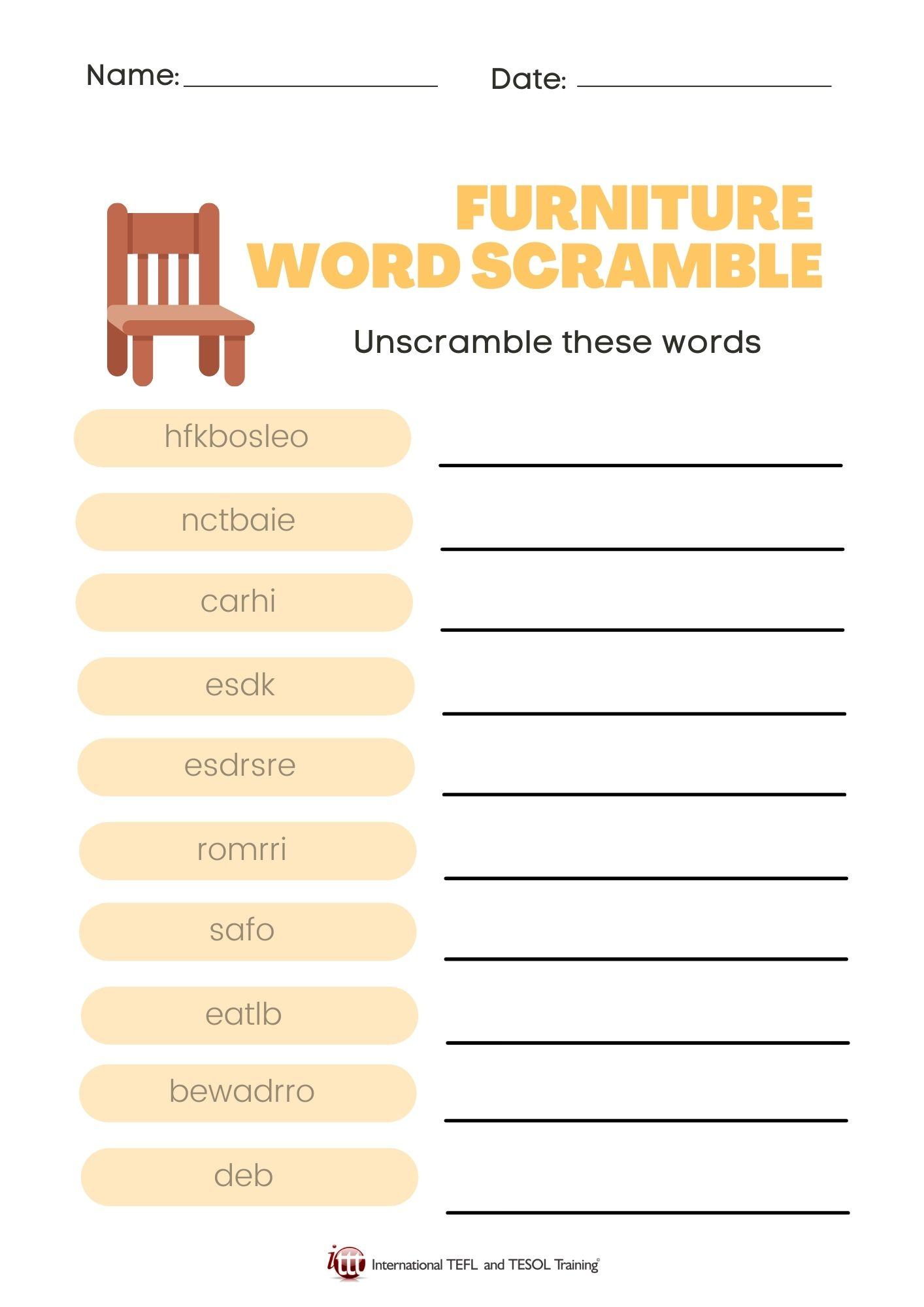 Grammar Corner Furniture EFL Word Scramble