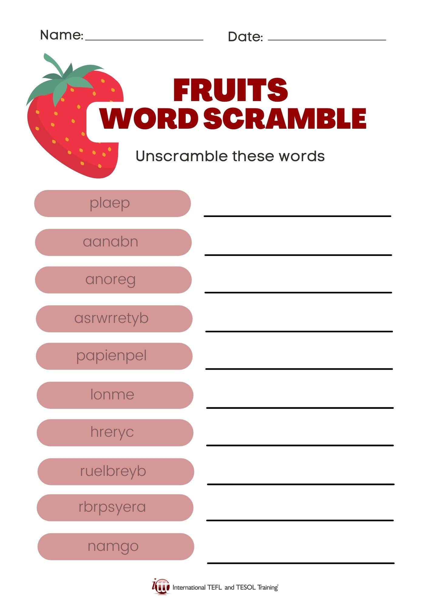 Grammar Corner Fruits EFL Word Scramble