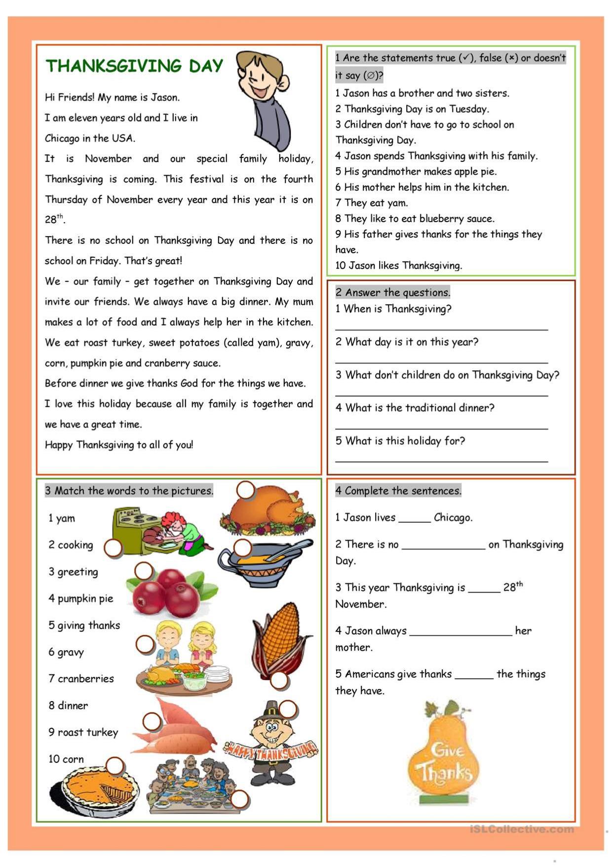 Grammar Corner Thanksgiving Day Reading Comprehension