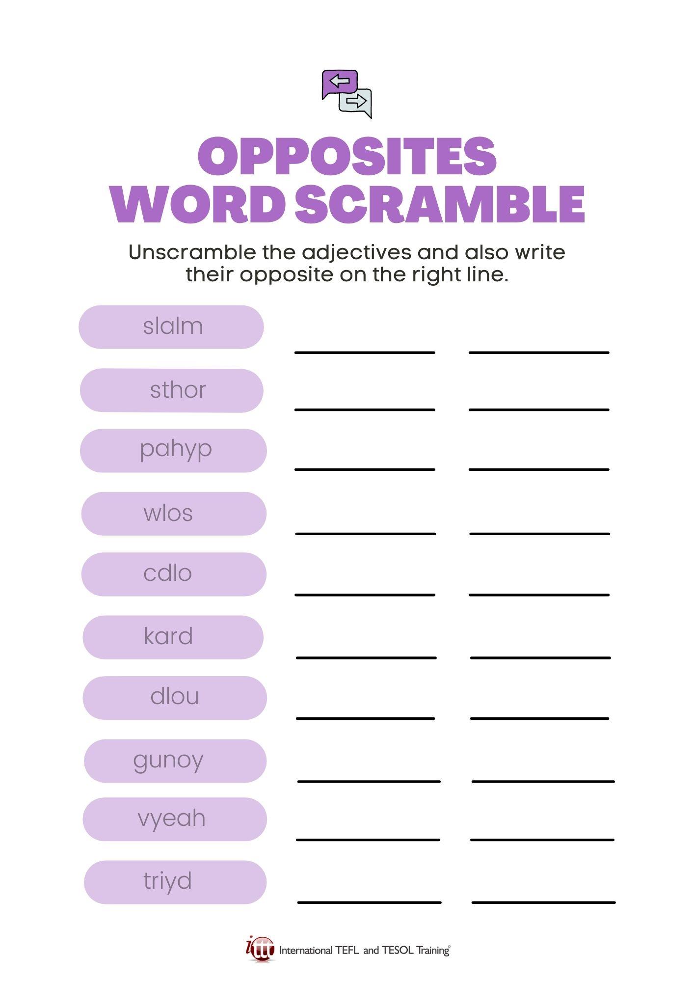 Grammar Corner Opposites EFL Word Scramble