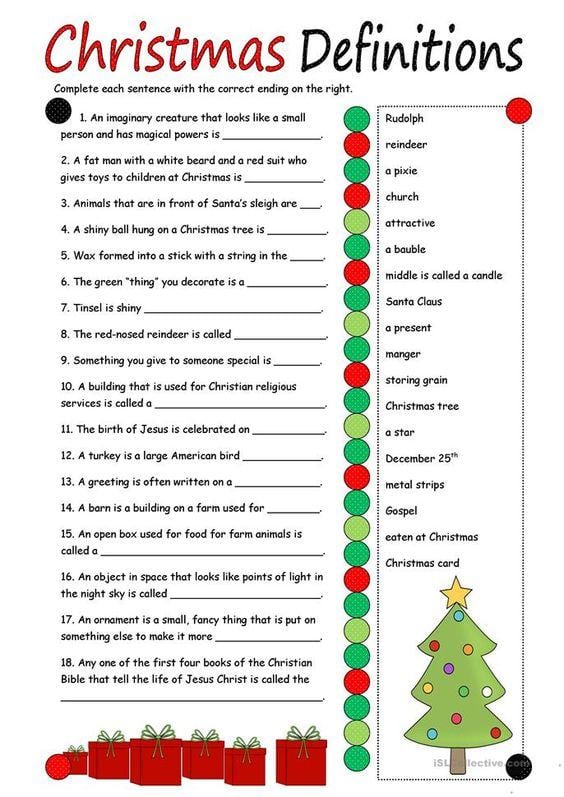 Grammar Corner Christmas Definitions ESL Worksheet