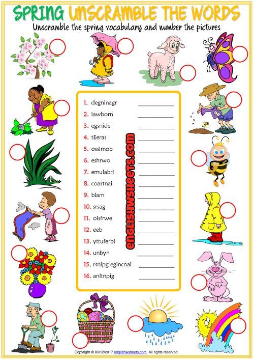 Grammar Corner Spring ESL Printable Unscramble the Words Worksheet