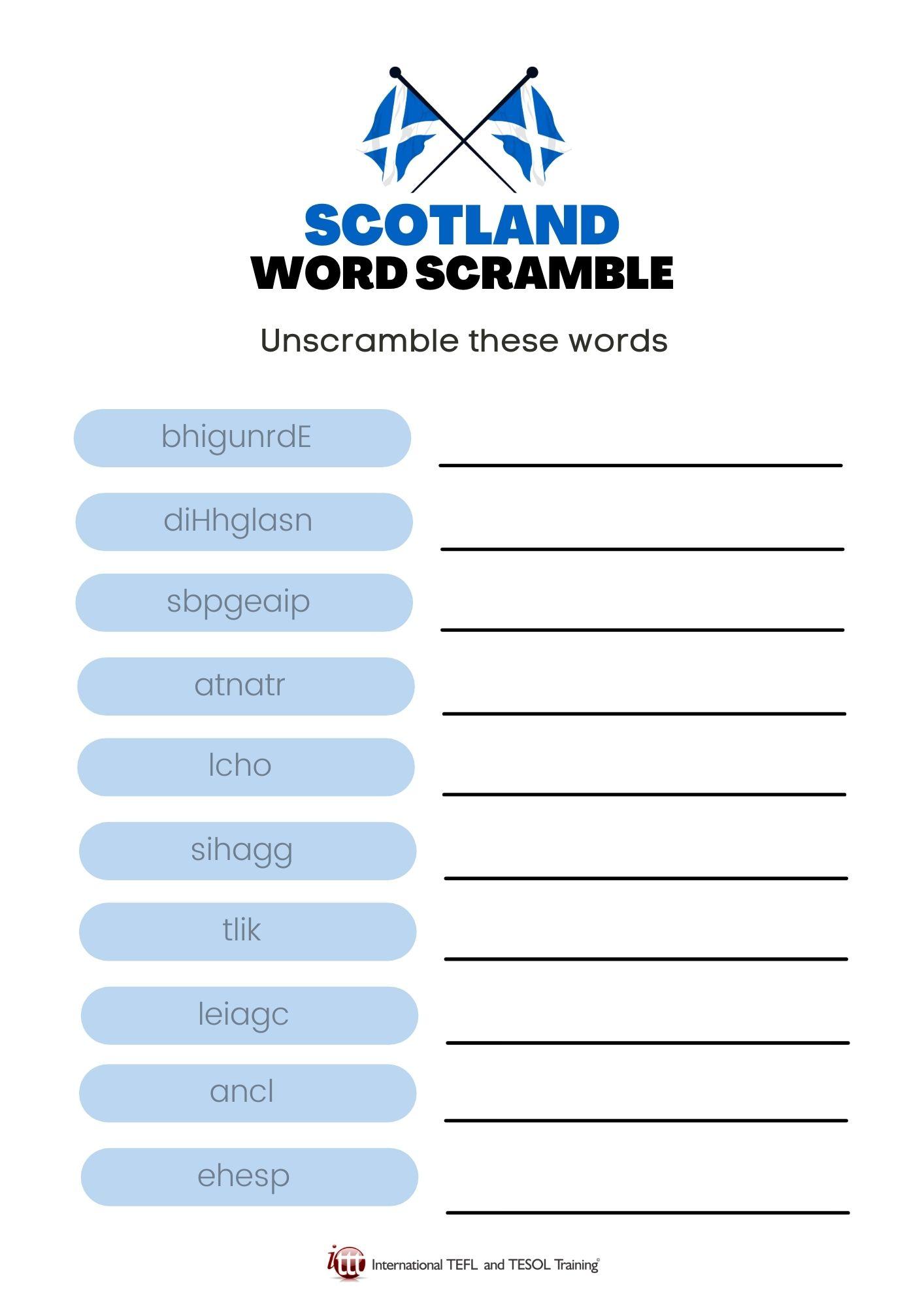 Grammar Corner Scotland Vocabulary EFL Word Scramble