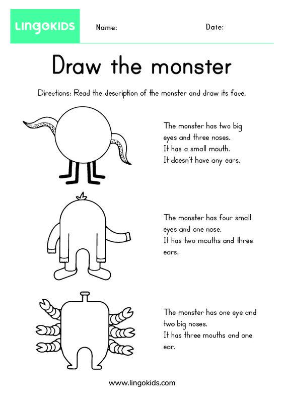 Grammar Corner Draw The Monster - Body Parts Worksheet