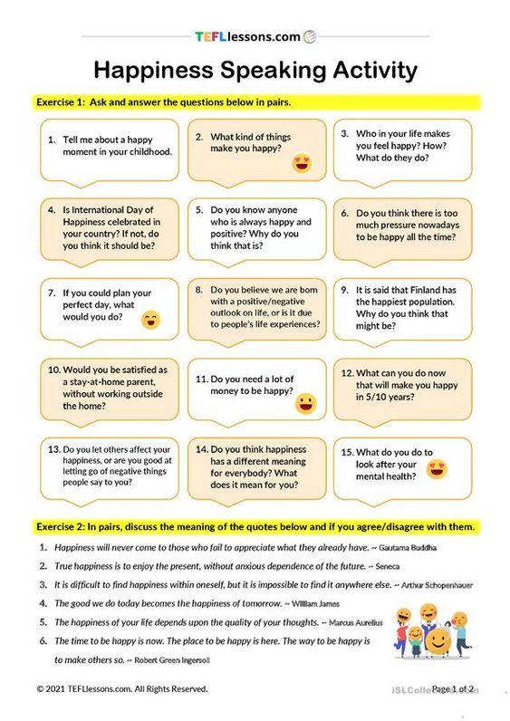 Grammar Corner Happiness Speaking Activity