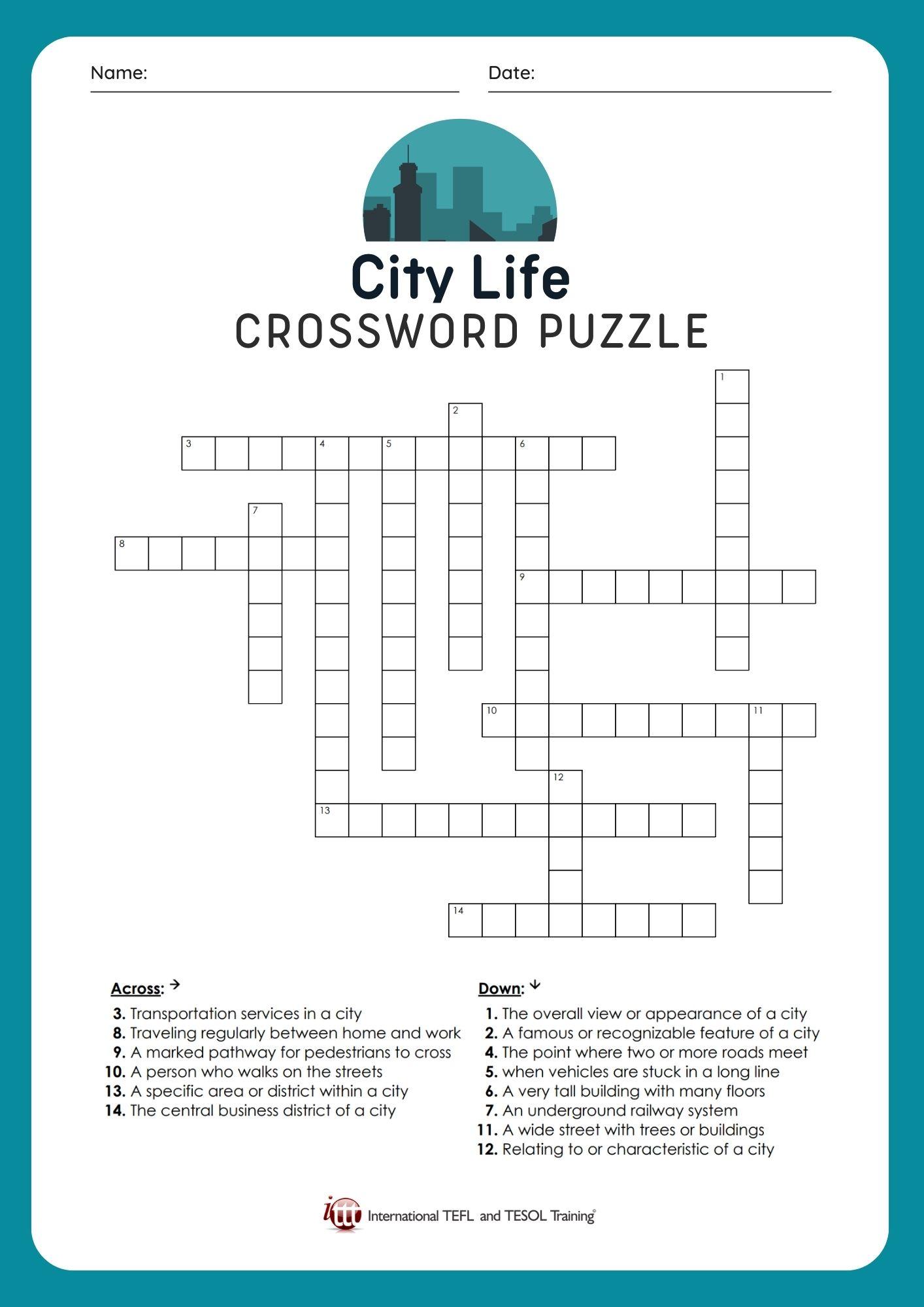 Grammar Corner EFL City Life Crossword Puzzle