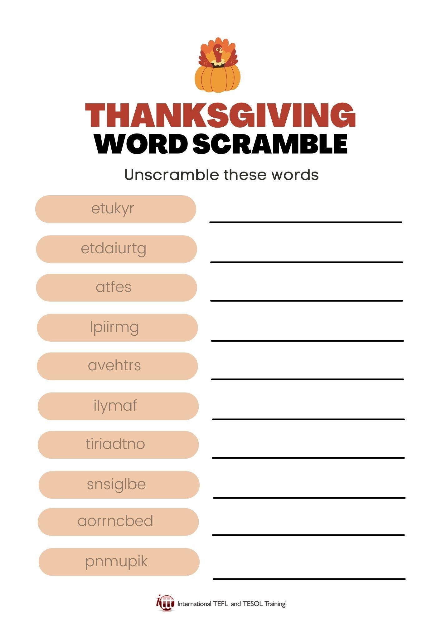 Grammar Corner Thanksgiving Vocabulary EFL Word Scramble