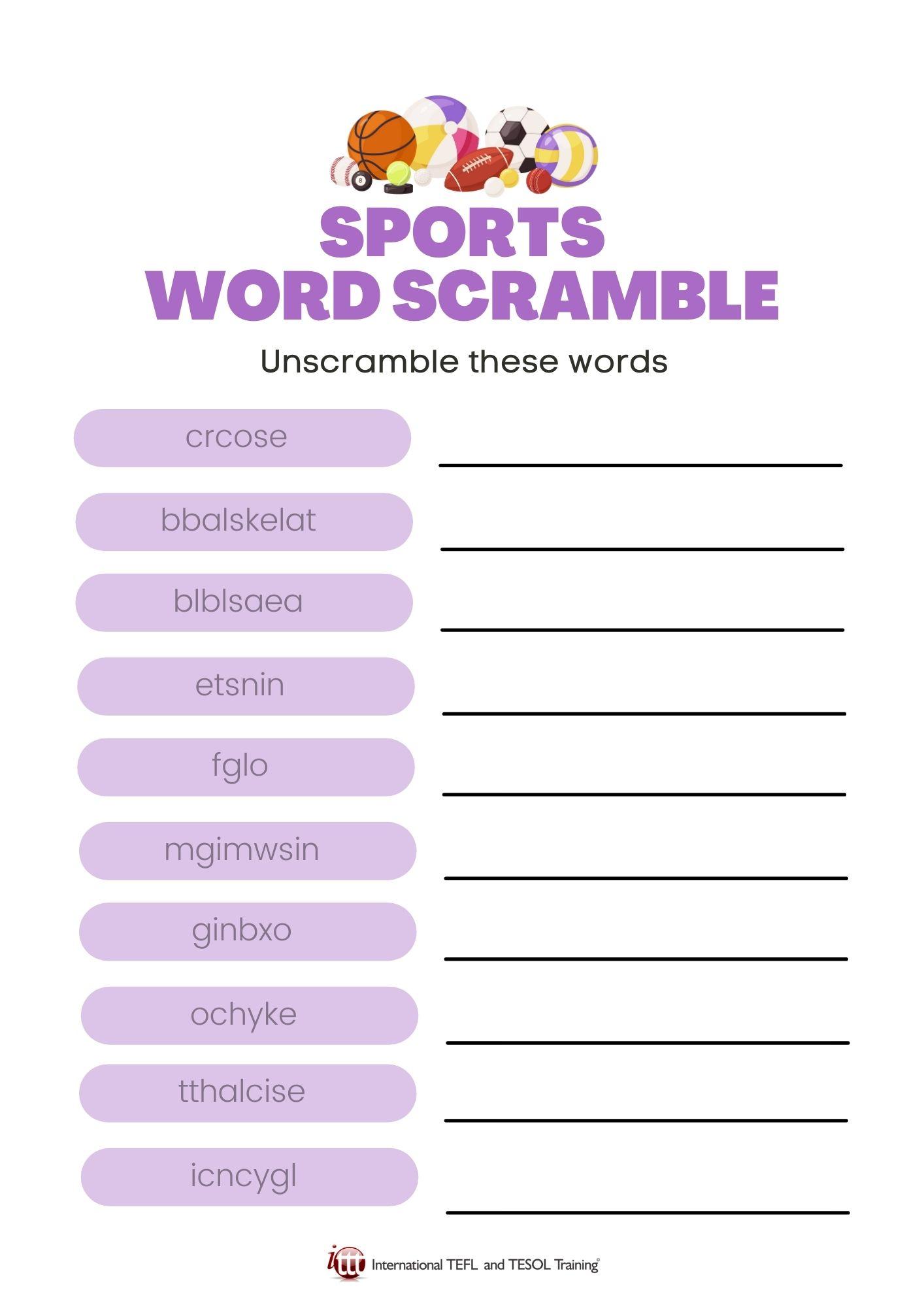 Grammar Corner Sports EFL Word Scramble