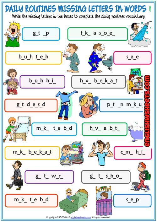 Grammar Corner Daily Routines ESL Missing Letters In Words Worksheet