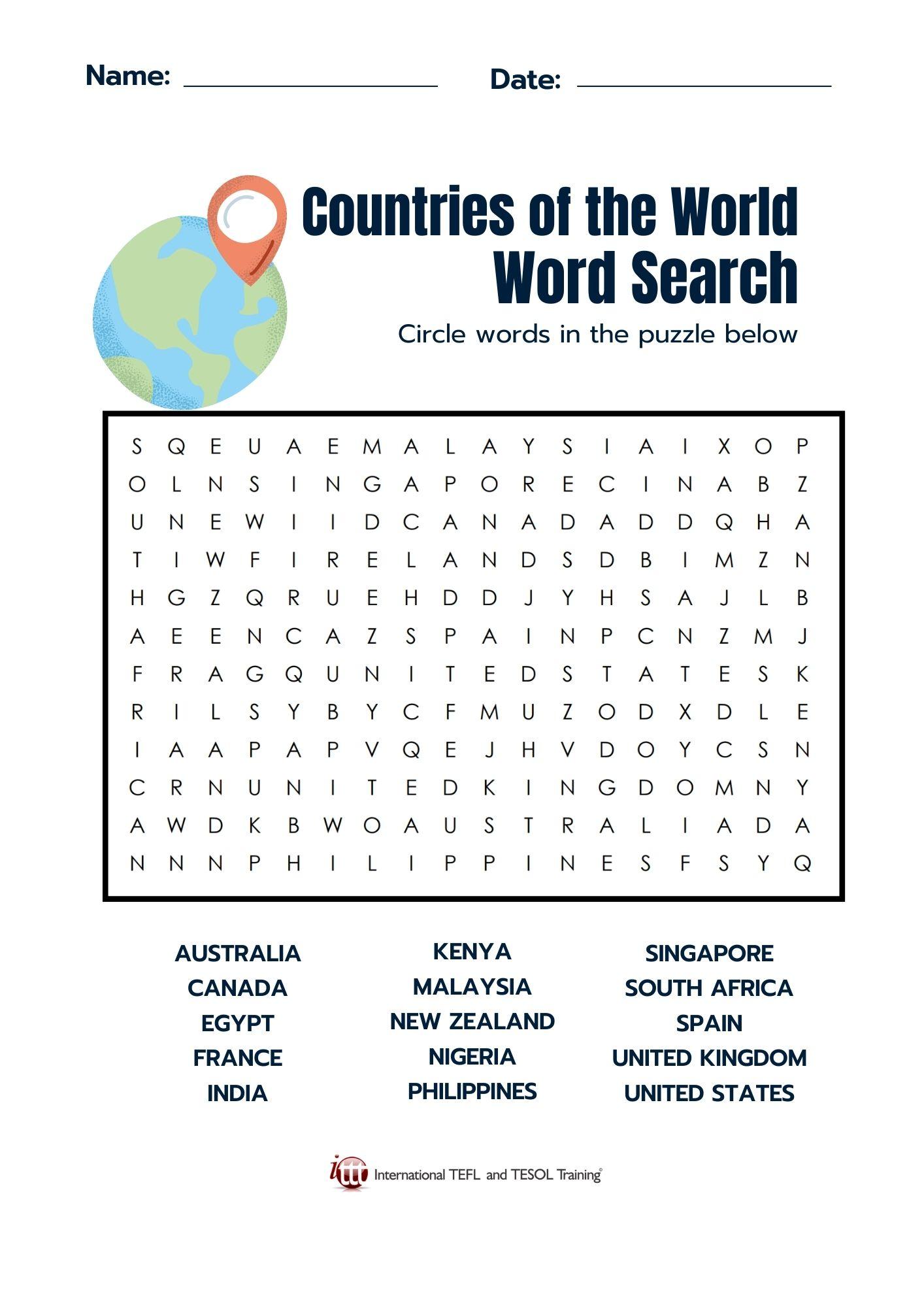 Grammar Corner Countries of the World EFL Word Search