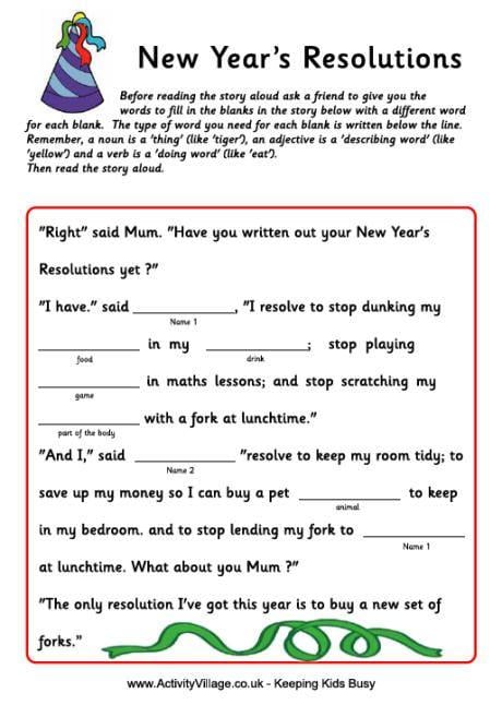 Grammar Corner New Year's Resolutions Mad Libs